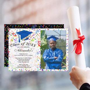 Photo Graduation Blue Cap Confetti Class Party Invitation