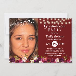 Photo Graduation Elegant Burgundy Red Floral Invitation