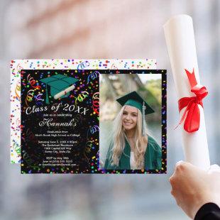 Photo Graduation Green Cap Confetti Class of Party Invitation