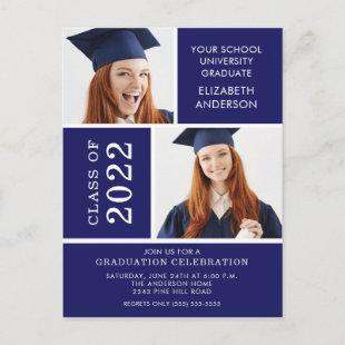 Photo Graduation Invitation ~Classy Blue & White Postcard
