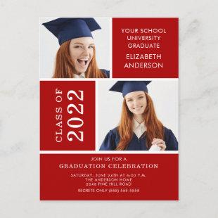 Photo Graduation Invitation ~Classy Red & White Postcard