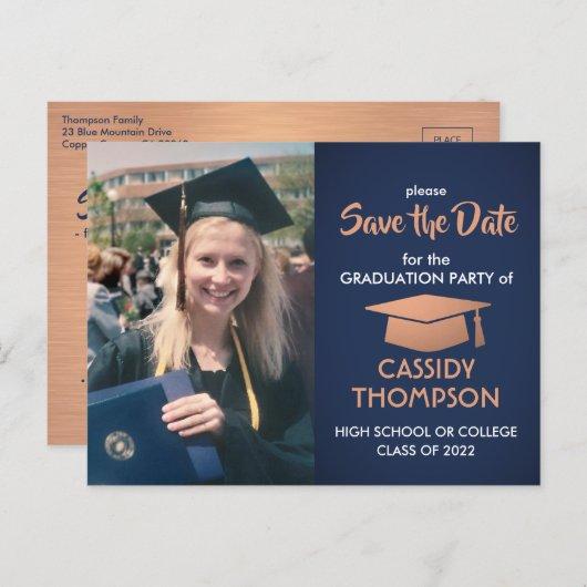 Photo Graduation Navy White & Copper Save the Date Postcard