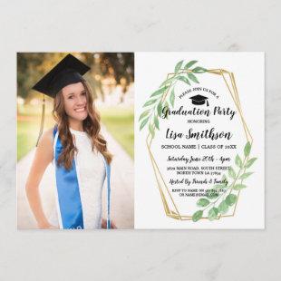 Photo Graduation Party Leaves Gold Frame Summer Invitation