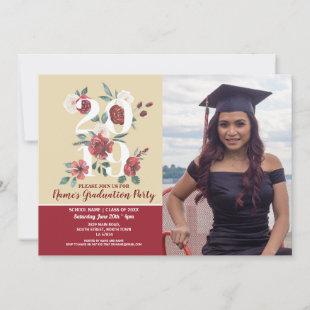 Photo Graduation Party Red 2019 Flowers Cream Invitation
