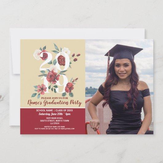 Photo Graduation Party Red 2019 Flowers Cream Invitation