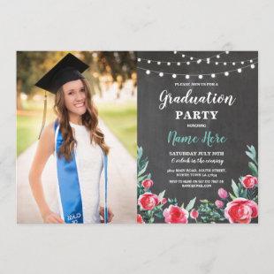 Photo Graduation Party Roses Red Floral Chalk Invitation