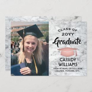 Photo Graduation Pink and Black Rose Gold Marble Invitation