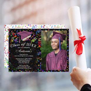 Photo Graduation Purple Grad Cap Confetti Party Invitation