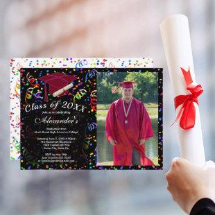 Photo Graduation Red Cap Confetti Class 20XX Party Invitation