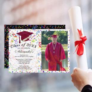 Photo Graduation Red Cap Confetti Class Party Invitation