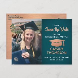 Photo Graduation Teal & Faux Copper Save the Date Postcard