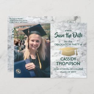 Photo Green & Gold Marble Graduation Save the Date Postcard