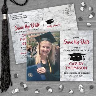 Photo Marble Red Black Graduation Save the Date Postcard