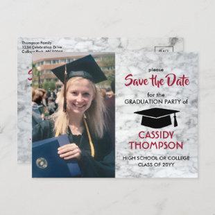 Photo Marble Red Black Graduation Save the Date Postcard
