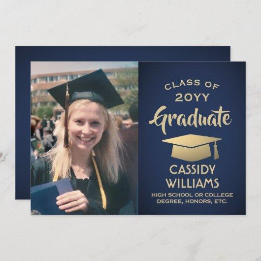 Photo Navy Blue and Gold Elegant Modern Graduation Invitation