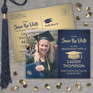 Photo Navy Blue and Gold Graduation Save the Date Postcard