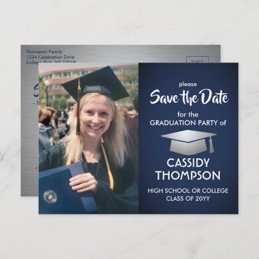 Photo Navy Blue and White Graduation Save the Date Postcard