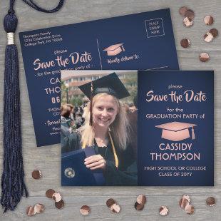 Photo Navy Pink Rose Gold Graduation Save the Date Postcard