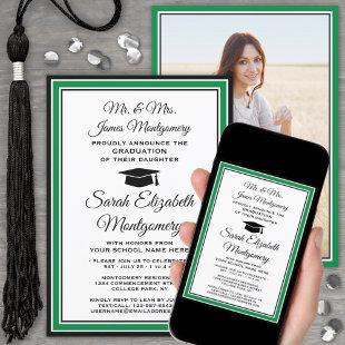 Photo & Parents Names Green Black White Graduation Invitation