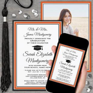 Photo & Parents Names Orange and Black Graduation Invitation