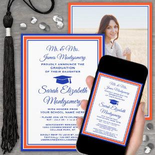 Photo & Parents Names Orange Blue Graduation Party Invitation