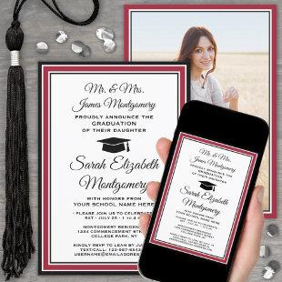 Photo & Parents Names Red Black & White Graduation Invitation