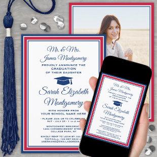 Photo & Parents Names Red White & Blue Graduation Invitation