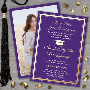 Photo Purple and Gold Foil Graduation Announcement