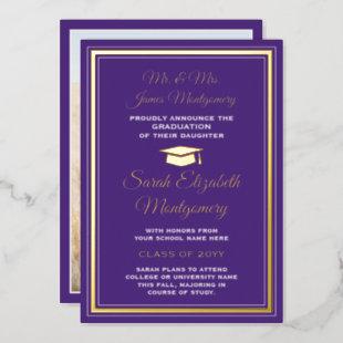 Photo Purple and Gold Foil Graduation Announcement