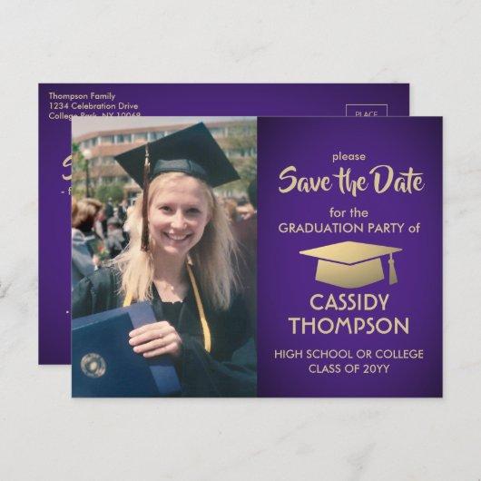 Photo Purple Gold Modern Graduation Save the Date Postcard
