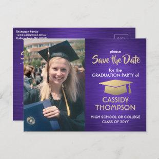 Photo Purple Gold White Graduation Save the Date Postcard