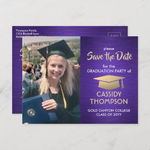 Photo Purple Gold White Graduation Save the Date Postcard