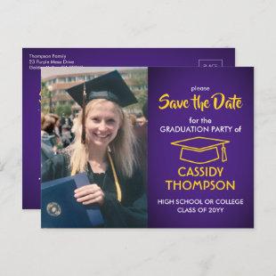 Photo Purple Gold Yellow Graduation Save the Date Postcard