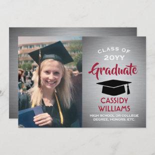 Photo Red Gray Black and White Brushed Graduation Invitation