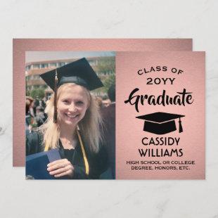 Photo Rose Gold Faux Foil Pink & Black Graduation Invitation