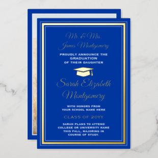 Photo Royal Blue Gold Foil Graduation Announcement