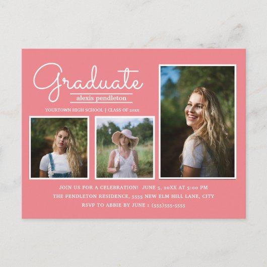Pink 3-Photo Graduation Party Postcard