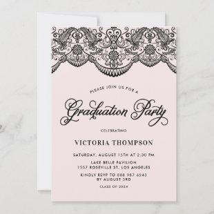 Pink and Black Brocade Lace Graduation Party Invitation