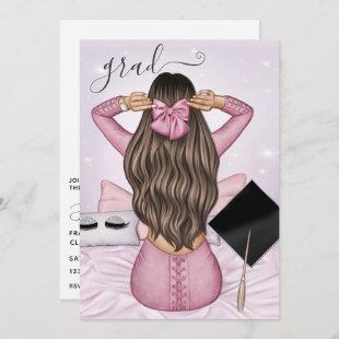 Pink and Black Brunette Girl Graduation Party Invitation
