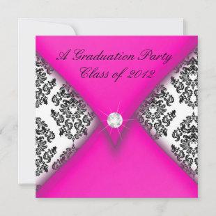 Pink and Black Damask Graduation Party Invitation