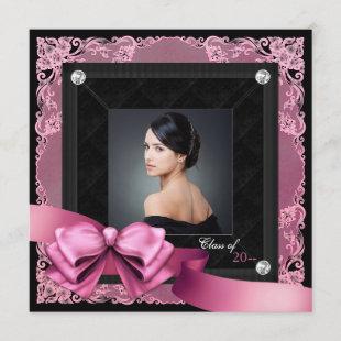 Pink and Black Photo Graduation Announcements