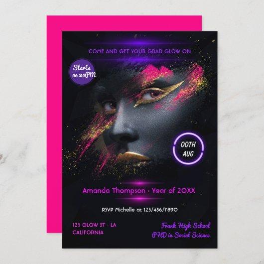 Pink and Gold Neon Glow Graduation Party Invitation