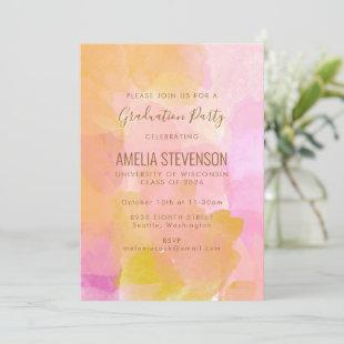 Pink and Gold Watercolor Abstract Graduation Party Invitation