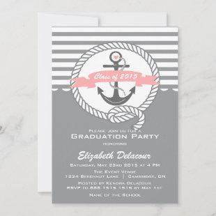 Pink and Gray Nautical Graduation Party Invitation