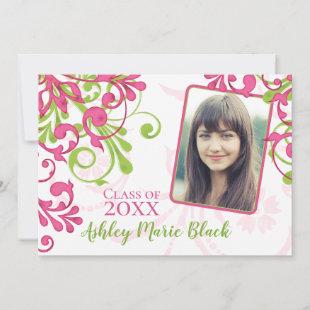Pink and Green Floral Photo Graduation Invitation