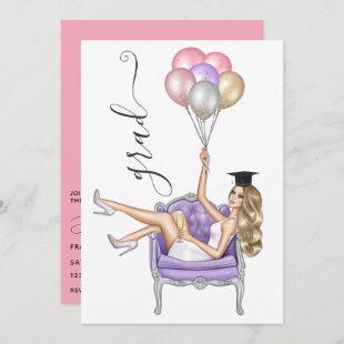 Pink and Purple Blonde Balloon Girl Graduation In Invitation