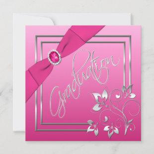 Pink and Silver Floral Photo Graduation Invitation