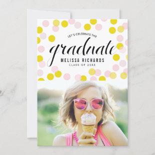 Pink and Yellow Confetti Dots Photo Graduation Announcement
