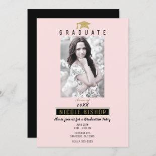 Pink Black Gold Graduate Photo Graduation Party Invitation