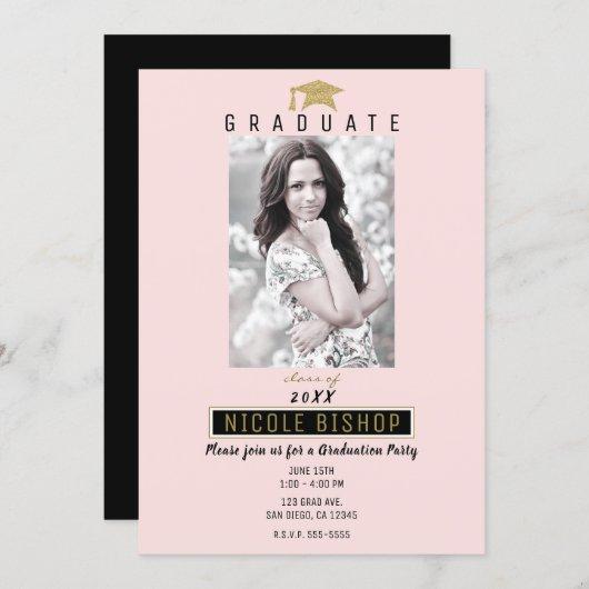 Pink Black Gold Graduate Photo Graduation Party Invitation